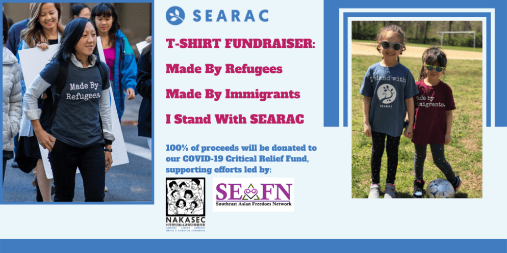 SEARAC community members wearing the "Made by Refugees" t-shirt