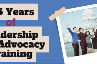 A banner image containing a Polaroid-framed image, with a group of individuals posing in front of the US Capitol Building. The text says 25 Years of Leadership and Advocacy Training