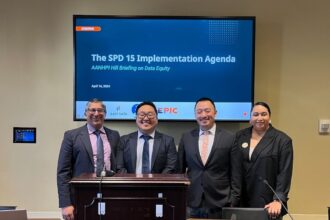 Speakers at the AANHPI Congressional Hill Briefing on Data Equity (left to right): Akil Vohra (AAPI Data); Gregg Orton (NCAPA); Kham Moua (SEARAC); and Sina Uipi (EPIC).