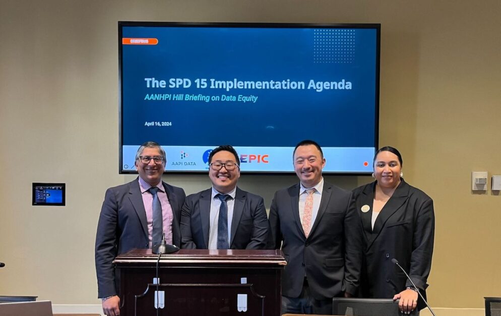 Speakers at the AANHPI Congressional Hill Briefing on Data Equity (left to right): Akil Vohra (AAPI Data); Gregg Orton (NCAPA); Kham Moua (SEARAC); and Sina Uipi (EPIC).