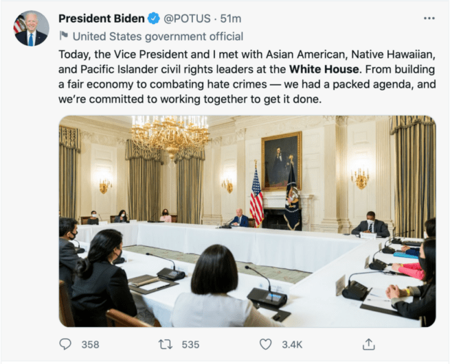 Screenshot of tweet from President Biden describing his meeting with Asian American, Native Hawaiian, and Pacific Islander civil rights leaders at the White House.