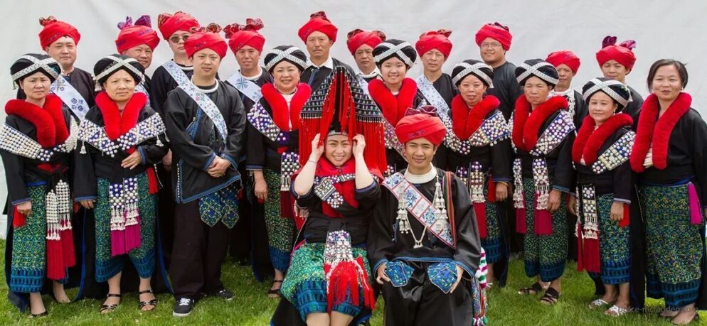 A group of Iu Miens in traditional Iu Mien clothes at a wedding.