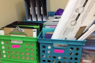 plastic bins with teaching materials