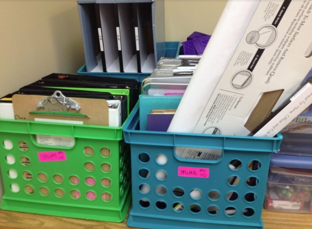 plastic bins with teaching materials