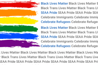 A rainbow flag with text celebrating Black, SEAA, immigrant, and refugee communities