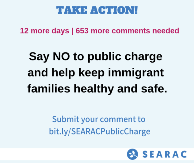 A light blue box with black, pink, and blue tex that says "Take Action! Say No to public charge and help keep immigrant families healthy and safe."