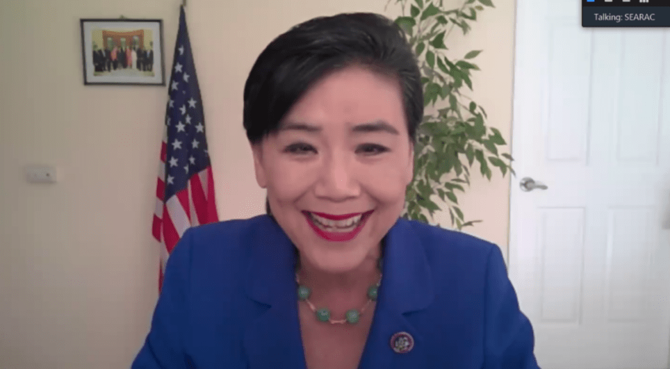 An image of Rep. Judy Chu (CA-27) as she gives opening remarks to SEARAC's kick-off session for its Digital Advocacy Training (DAT) 2021 program.