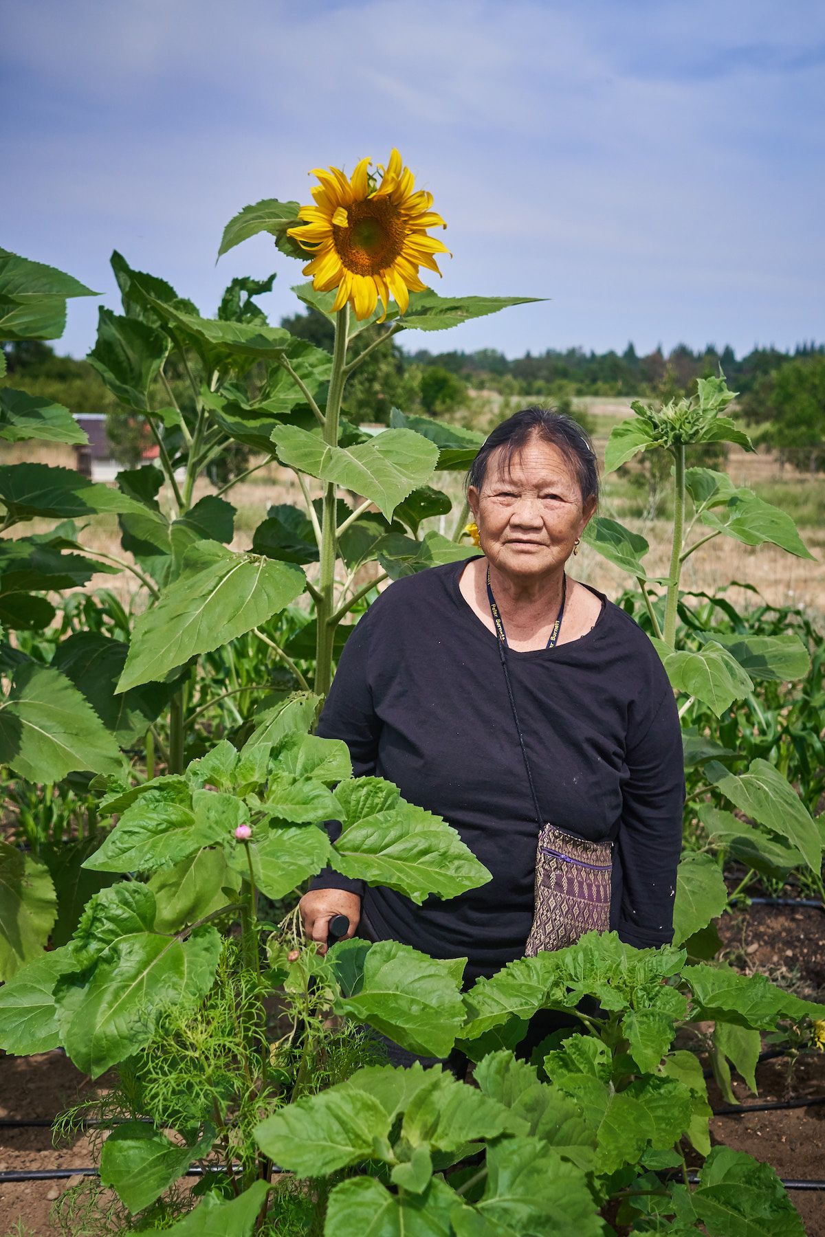 A woman standing next to a sunflower.