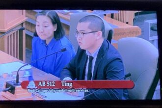 Two individuals at a CA budget hearing