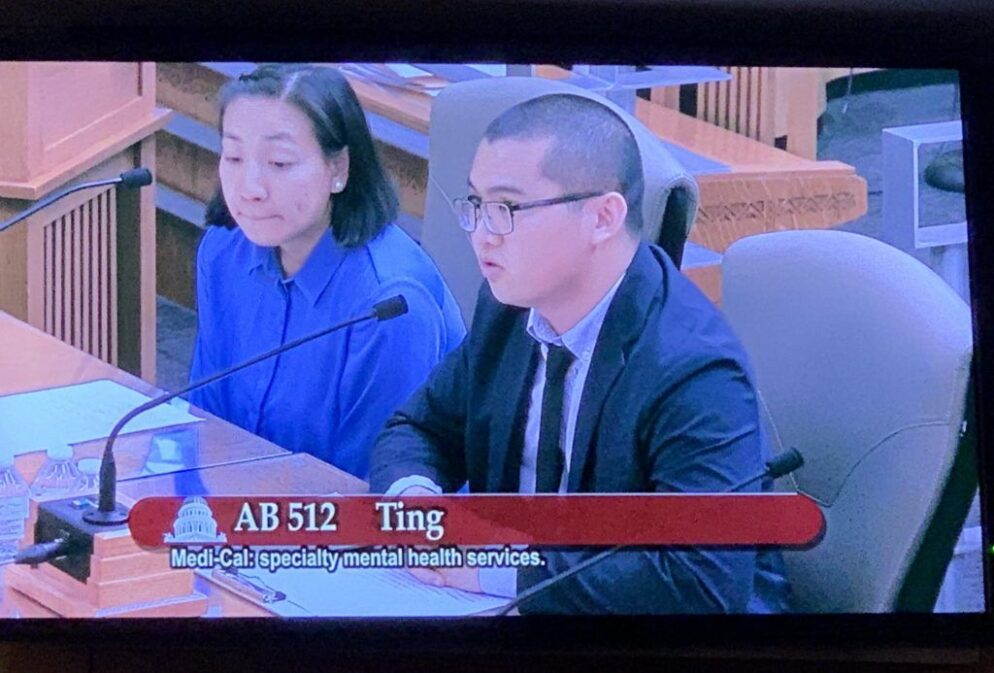 Two individuals at a CA budget hearing