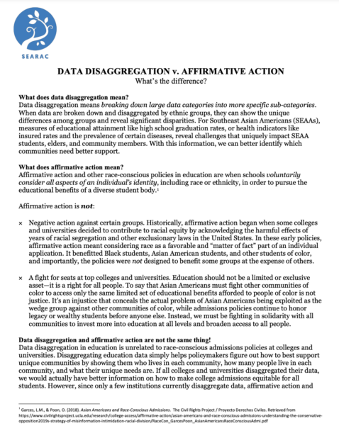 A screenshot of a the first page of a resource on data disaggregation and affirmative action