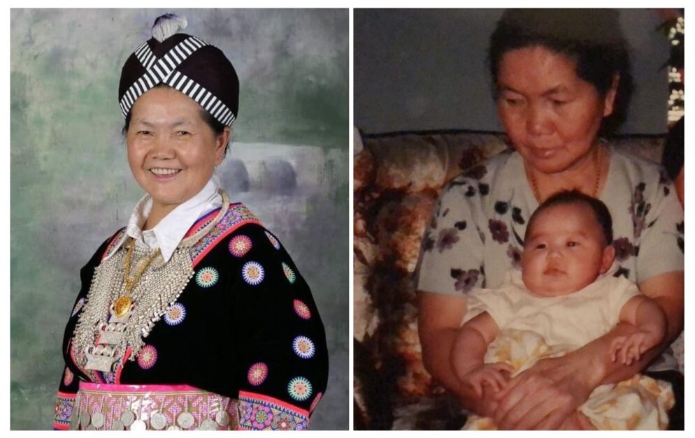 A woman in traditional Hmong clothes smiling.