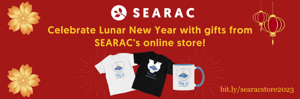 SEARAC merch on a red background.