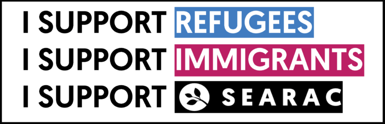 A sticker that says "I support Refugees. I support Immigrants. I support SEARAC."