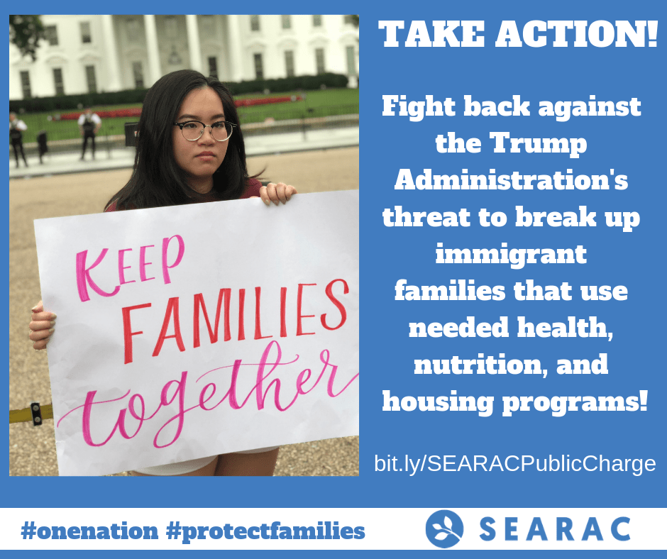 A blue background with white text that says "take action! fight back against the Trump Administration's threat to break up immigrant families" on the right and someone holding a sign that says "Keep Families Together" on the left