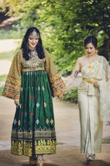 Roseryn and her wife in their cultural dresses.