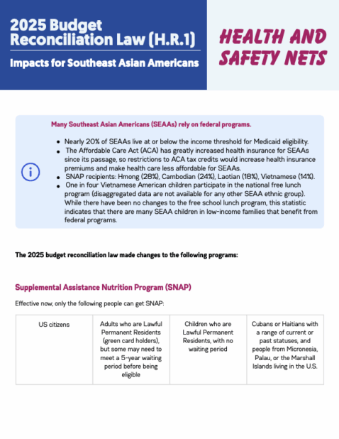 first page of budget reconciliation law explainer on its impacts to SEAAs around health and safety nets