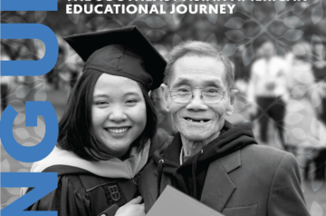 A graduate poses in celebration next to a man holding a diploma